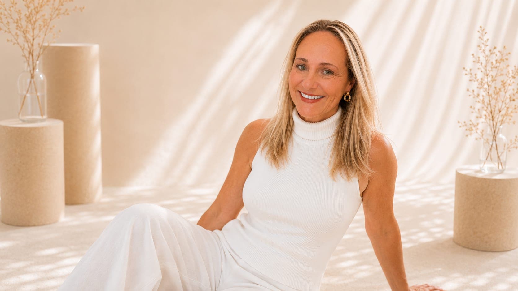Carla Ornelas sentada no chão de uma sala clara, vestida de branco, a sorrir para a câmara.